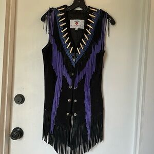Vintage Maverick USA black purple leather fringe bone vest size 6 women’s